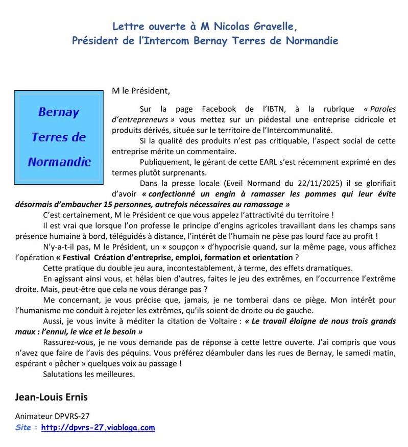 Lettre ouverte � M Nicolas Gravelle