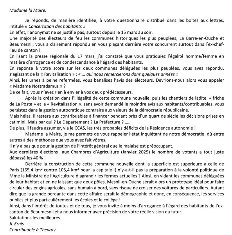 Lettre ouverte � Mme la Maire de Mesnil-en-Ouche